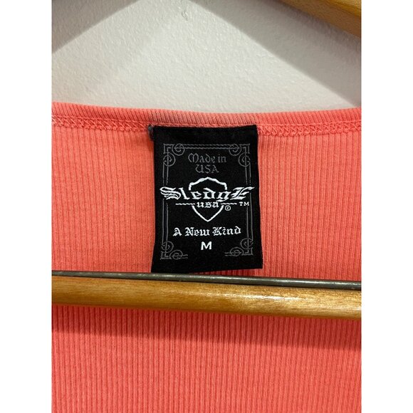 Y2K Sledge T-Shirt Womens M Coral T-Dye Embellished Ribbed Fitted Scoop Neck - Picture 3 of 5